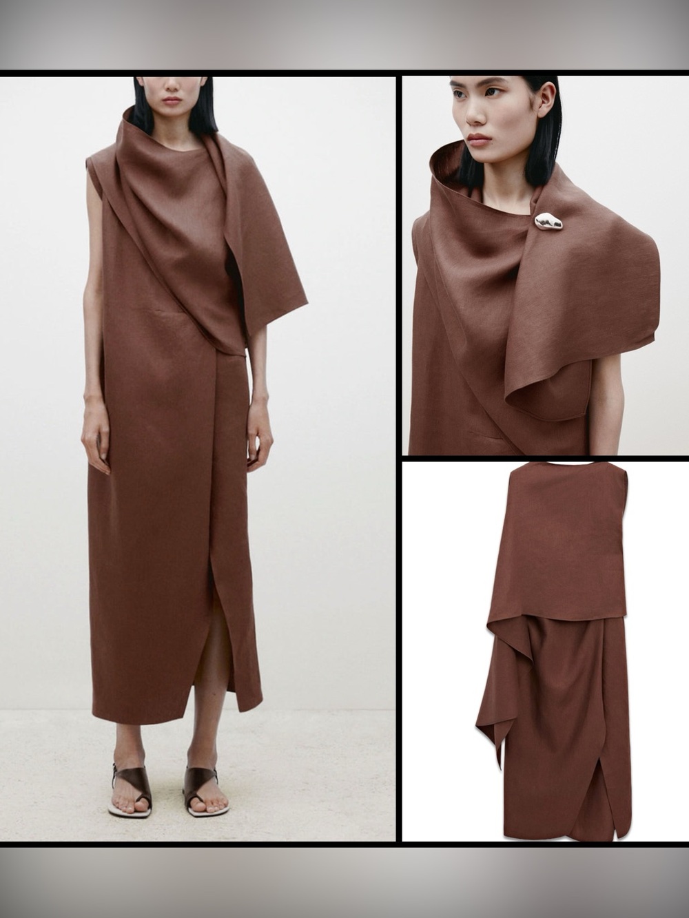 Massimo Dutti Limited Edition Linen Cape Maxi Dress Espresso Brown Avant-Garde L